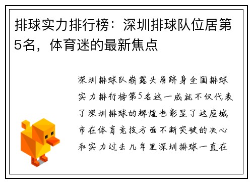 排球实力排行榜：深圳排球队位居第5名，体育迷的最新焦点