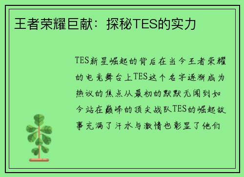 王者荣耀巨献：探秘TES的实力