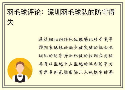 羽毛球评论：深圳羽毛球队的防守得失