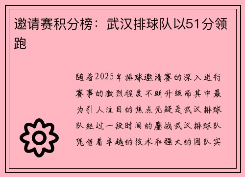 邀请赛积分榜：武汉排球队以51分领跑